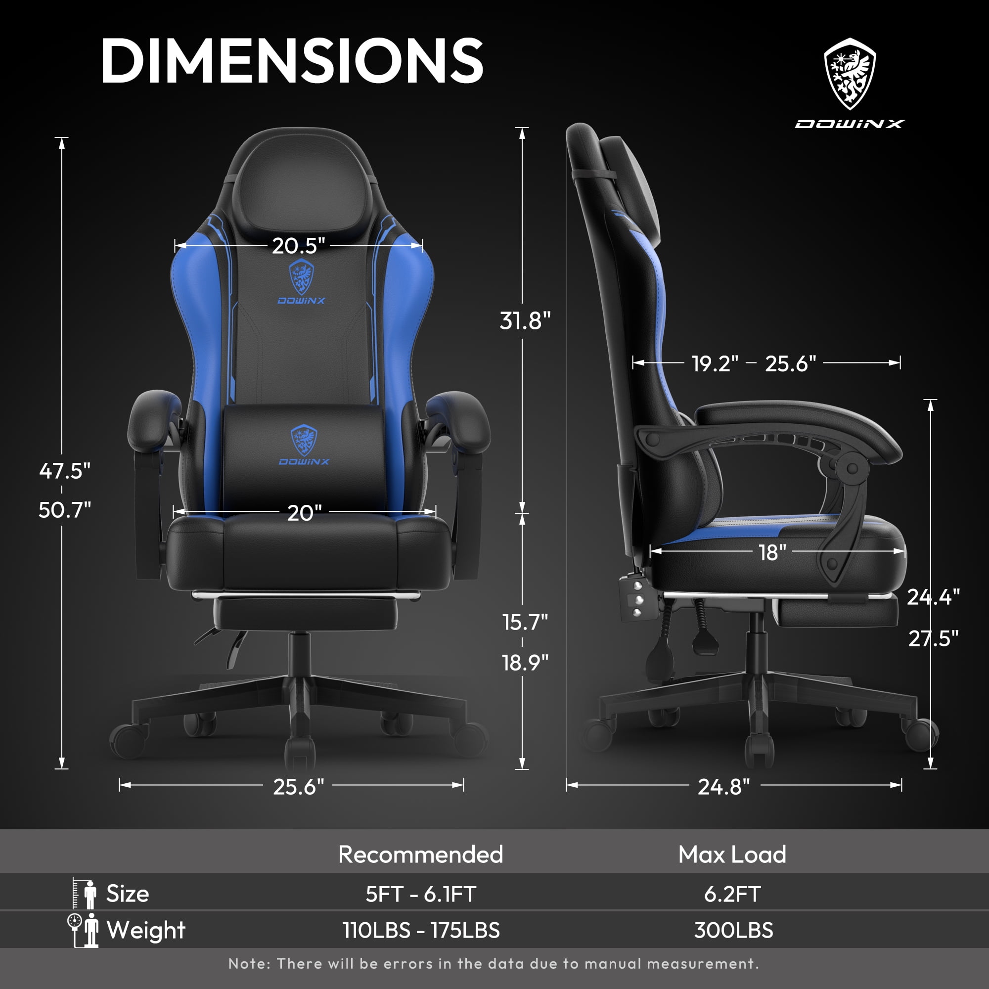 Dowinx Gaming Chair with Pocket Spring Cushion for Adults, Ergonomic Computer Chair with Footrest and Massage Lumbar Support for Office, Gaming, 300LBS, Blue