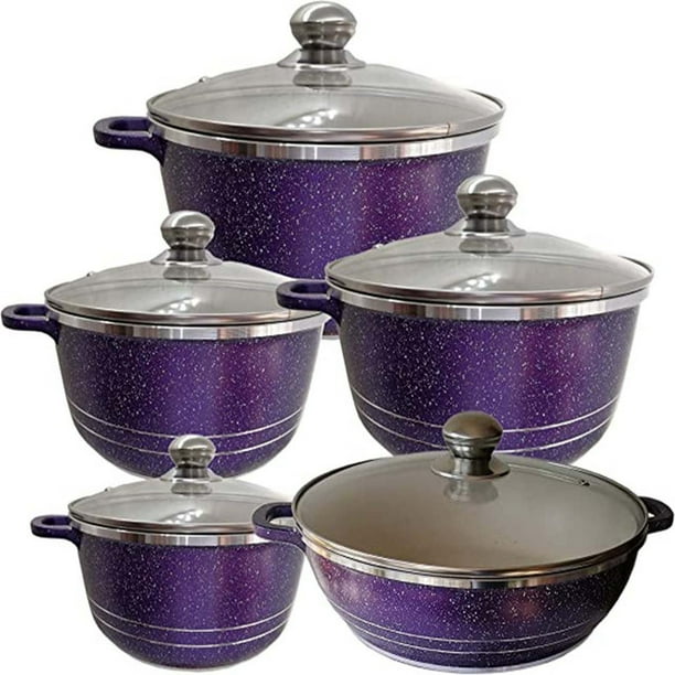 Batería De Cocina CHIC FLIC Recubrimiento De Granito 10 Pz 5 Ollas Y 5 Tapas Morada De Aluminio