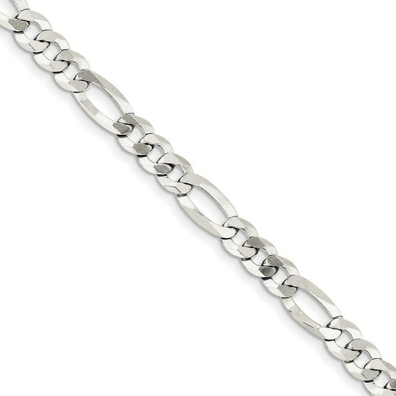 Solid 925 Sterling Silver 7.5mm Polished Flat Figaro Chain Bracelet 8" - with Secure Lobster Lock Clasp