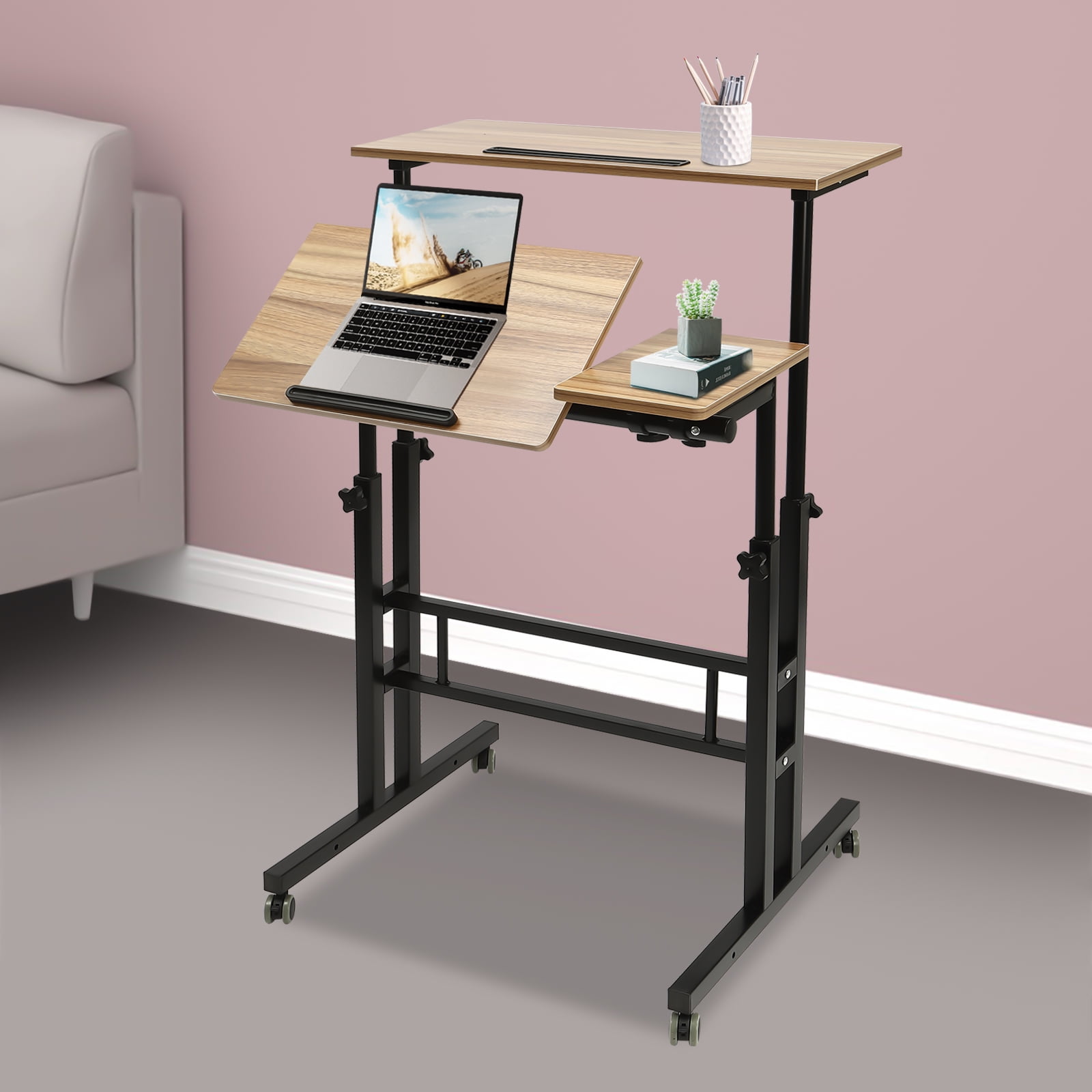 Miumaeov Mobile Stand Up Desk with Height Adjustable Standing Desk with Wheels Portable Rolling Laptop Cart for Home Office Standing or Sitting