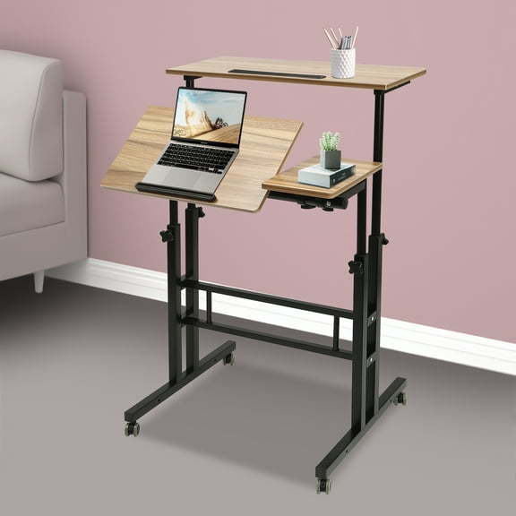 Mobile Standing Desk Height Adjustable Home Office Desk with 2 Modes Tilting Tabletop & Flexible Wheels Rolling Laptop Cart Sit Stand Desk