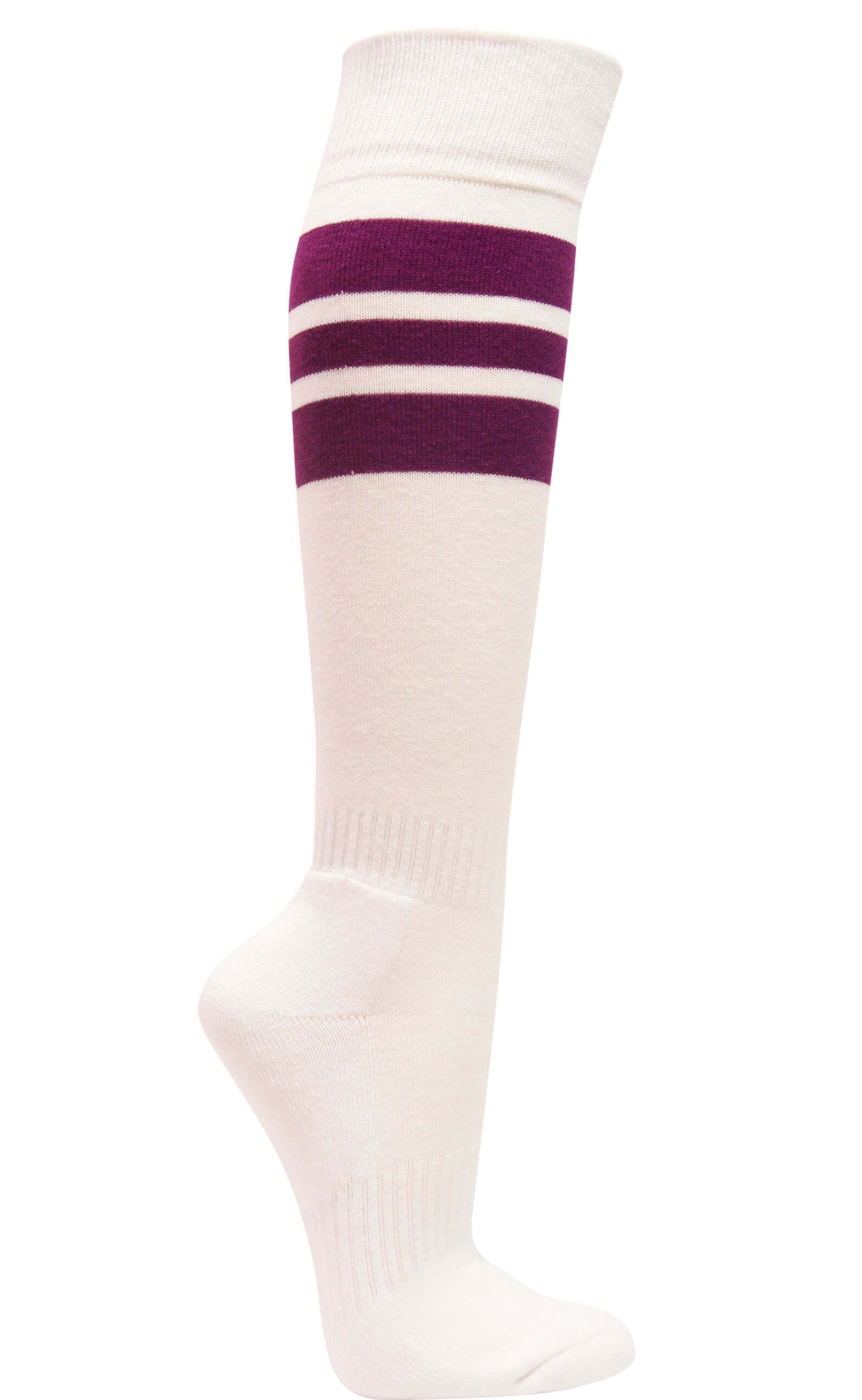 Couver White Triple Stripes Baseball Softball Athletic Tube Knee High Socks, Purple Medium