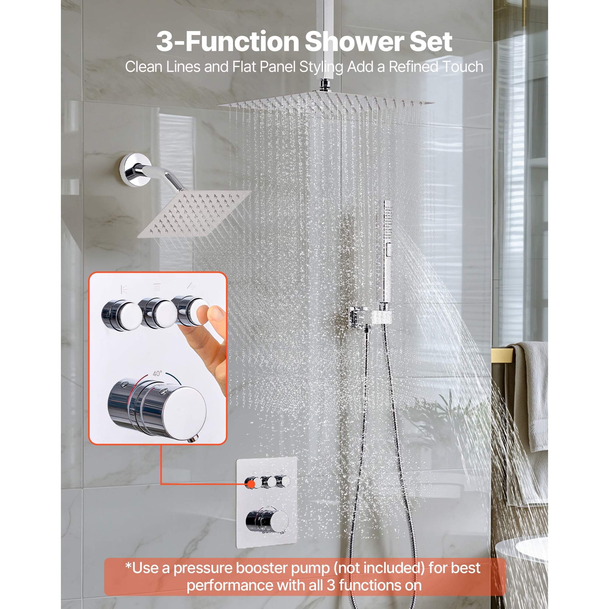 KFFKFF 12-Inch Thermostatic Ceiling Rain Shower System with Wall-Mounted Head and 2-in-1 Handheld Spray, 3-Function Dual Showerhead with Brass Valve and Trim Kit, Chrome Finish