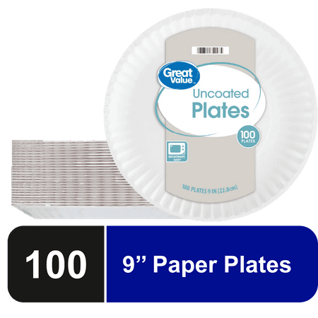 Great Value Uncoated, Microwave Safe, Disposable Paper Plates, 9 in, White, 100 Count