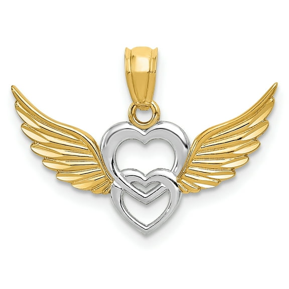 Finest Gold 14K Yellow & Rhodium White Polished Hearts with Wings Pendant