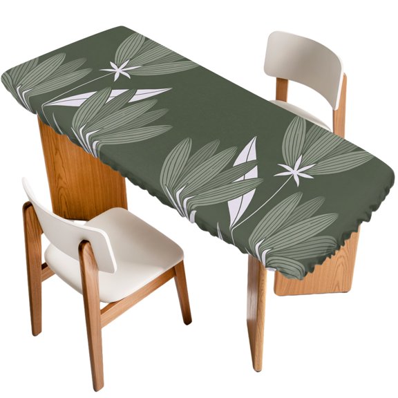 Lily Flower Fitted Rectangle Tablecloth 32" x 96" Rustic Minimalist Green White Floral Pointed Petal Elastic Table Cloth Fits for 8 Foot Folding Tables Waterproof Table Cover for Picnic Camping