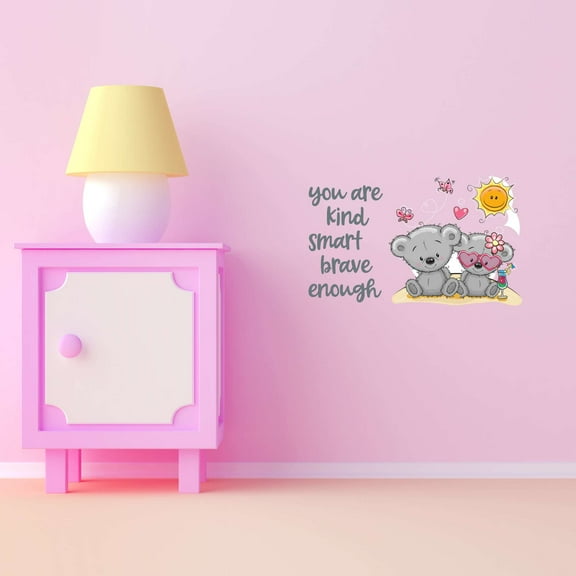 Teady Bear Umbrella Sunshine Hugging Flowers Kind Smart Brave Hugs Kisses Girls Love Beautiful Crown Prince Unicorns Royalty Sweet Dreams Decorating Bedroom Wall Decal Sticker - Size: 10 In X 6 In