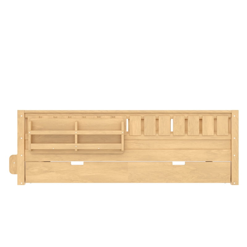 URTR Full Bed with Rail and Bookshelf, Full Size Wooden Montessori Floor Bed with Small Stairs and Trundle, Full Size Platform Bed Frame, No Box Spring Needed, Natural