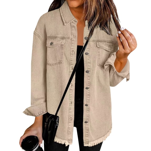 Women’s Oversized Button Up Frayed Hem Shacket Long Sleeve Pockets Denim Jean Jacket Brown 2XL