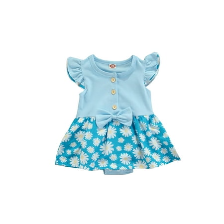 

Baby Girl Summer Bodysuit Fly Sleeve Daisy Print Romper Tutu Dress
