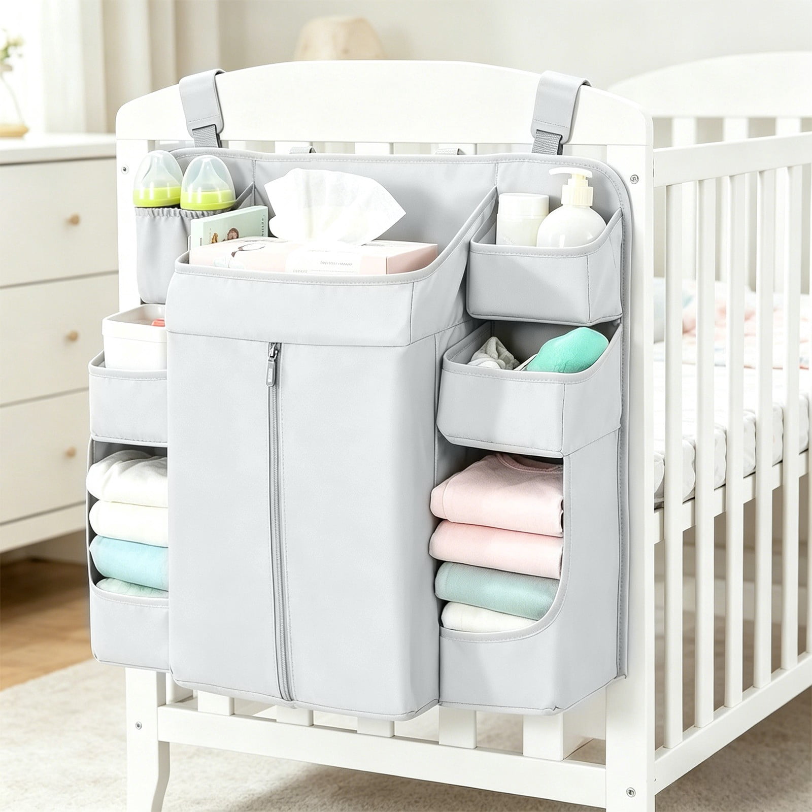 Crib Hanging Storage Bag, Large Capacity Layered Pockets, Waterproof Oxford Fabric, Drill Free Installation, Washable Nursery Organizer for Diaper Storage, Baby Essentials and Bedroom Tidying