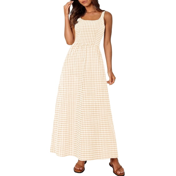 Vestido Maxi PRETTYGARDEN para Mujer 2025 Cuadros Cuello Cuadrado Beige