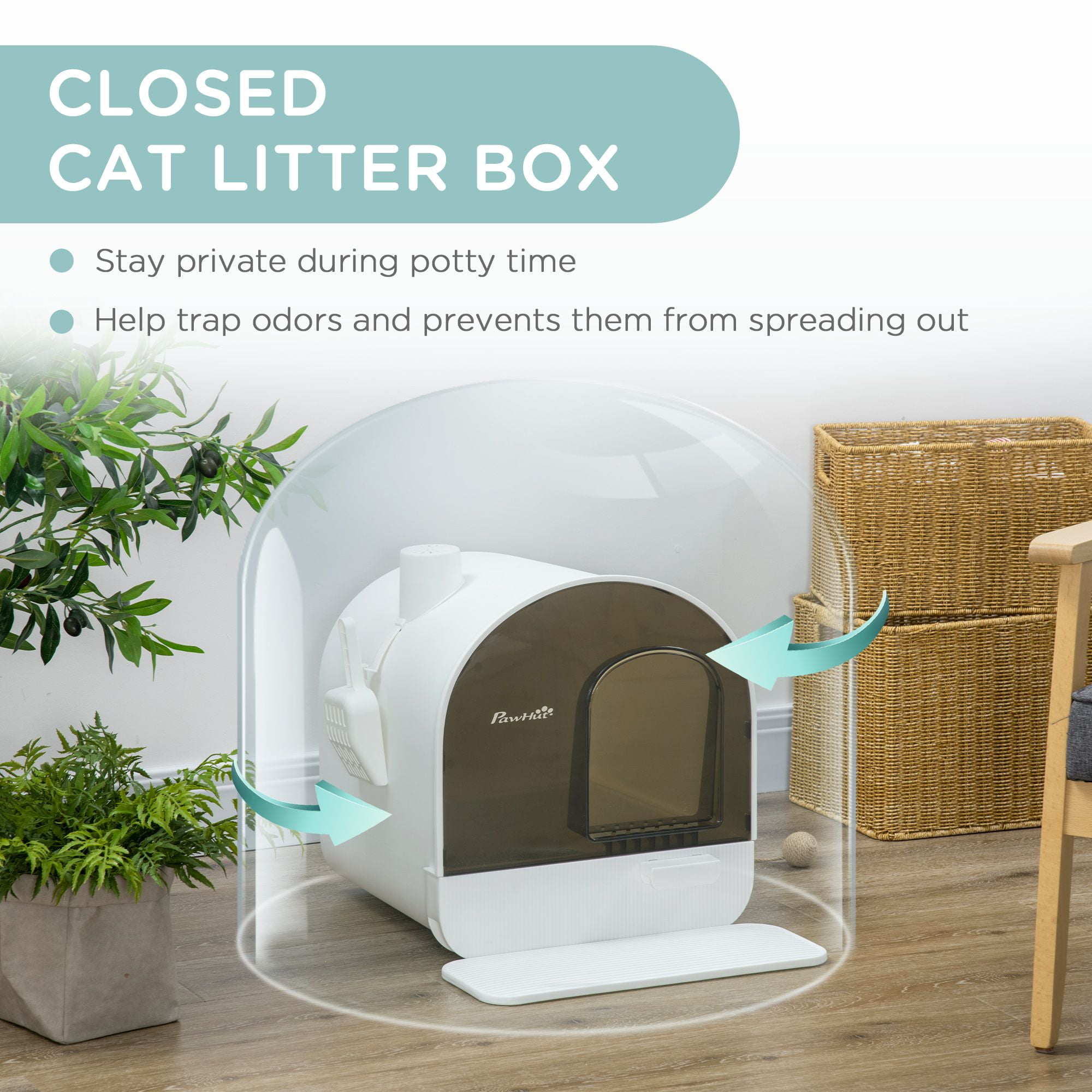 Covered Cat Litter Box with Lid, Scoop, and Filter, Sleek White