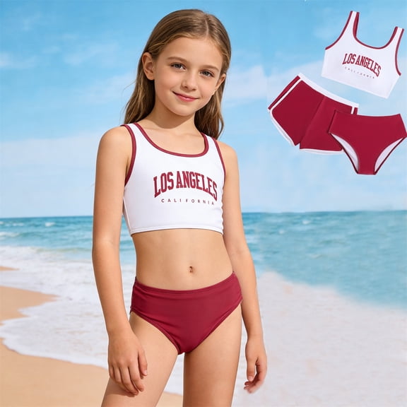 Toddler Girl Swimsuit High Waist Bikini Top with Conservative Shorts 2 Piece Korean Style Swimsuit Girls Bathing Suits Red 9-10 Years