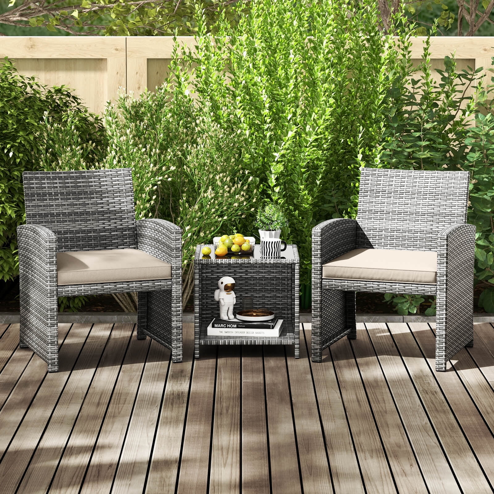 Costway 3 PCS Patio Furniture Set with Tempered Glass Coffee Table & Soft Seat Cushions White
