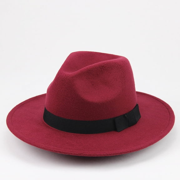 Fedora Hats For Men Women Vintage Wide Brim Felt Panama Hat Burgundy Wool Felt Hat Jazz Style Dress Hat With Black Ribbon Wine red