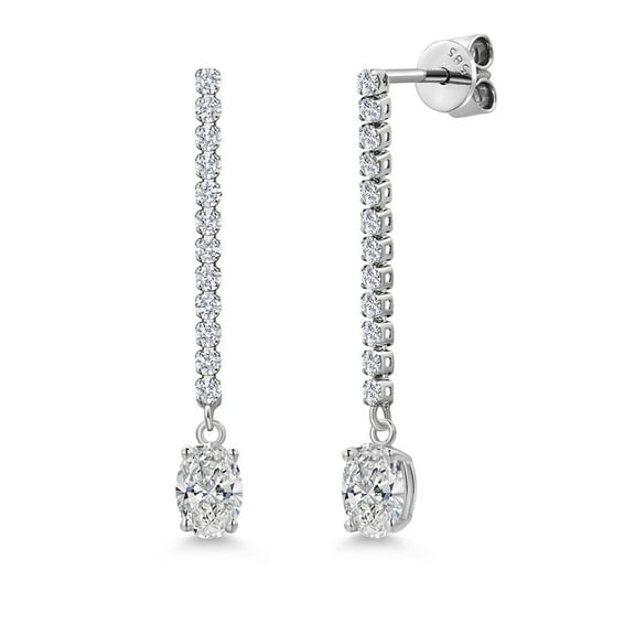 Gem Stone King 14K White Gold Lab Grown Diamond Long Liner Dangle Earrings for Women | 1.16 Cttw | Gemstone Birthstone | Oval 6X4MM | DEF Color | VVS-VS Clarity | White Gold Chain Drop Earrings