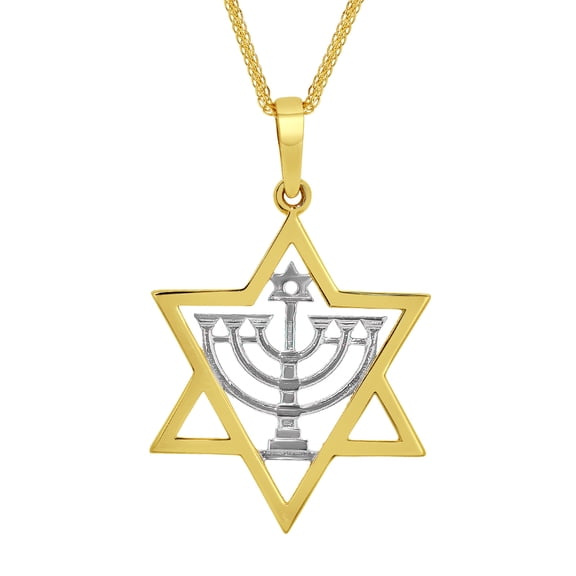 14k Two-tone Gold Star of David with Menorah Pendant with 1.4-mm Flat Wheat Chain