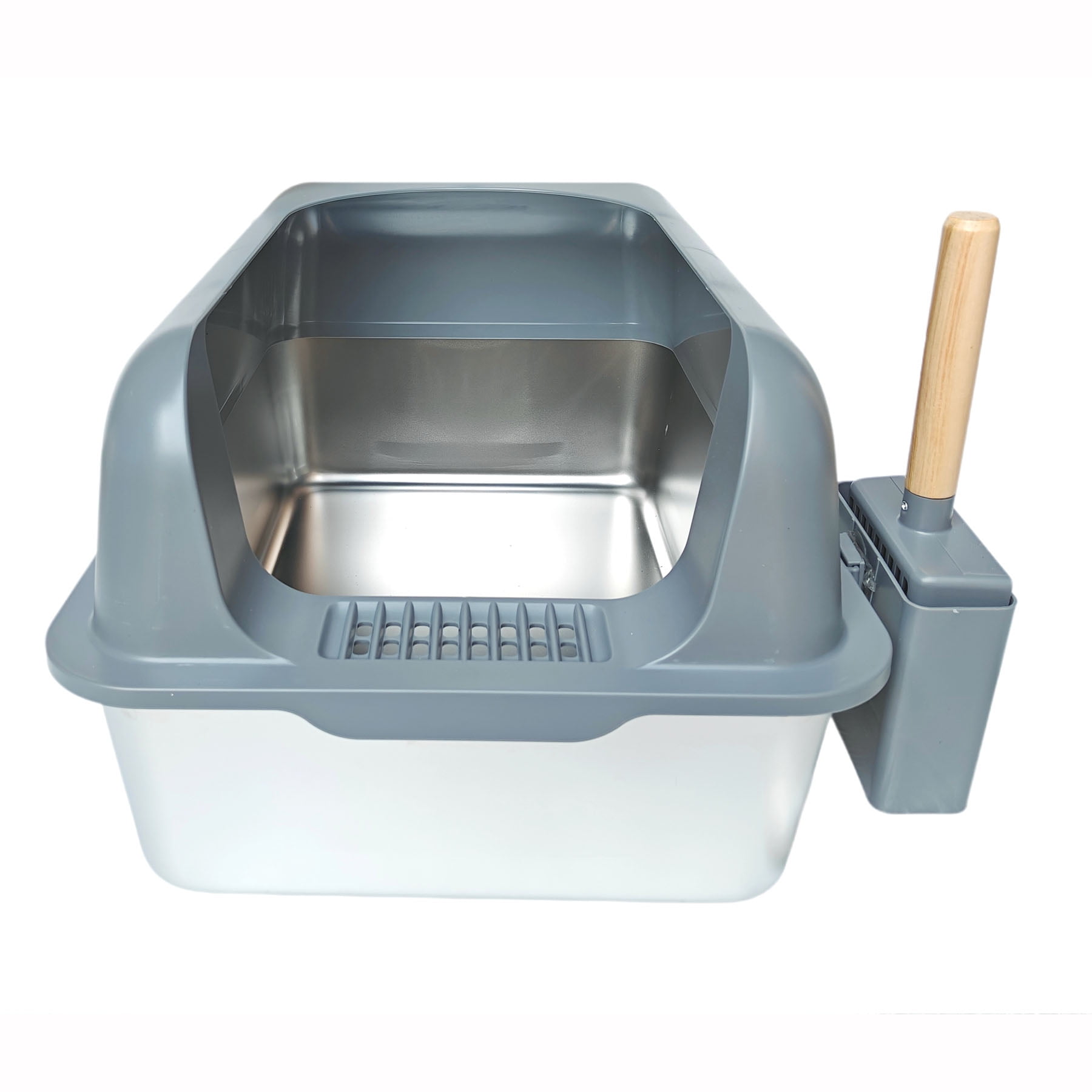 KUNWU Stainless Steel Semi-closed Cat Litter Box 24"x 16"x 12" with Enclosure Lid, Scoop and Step, Easy Clean, Never Absorbs Odor