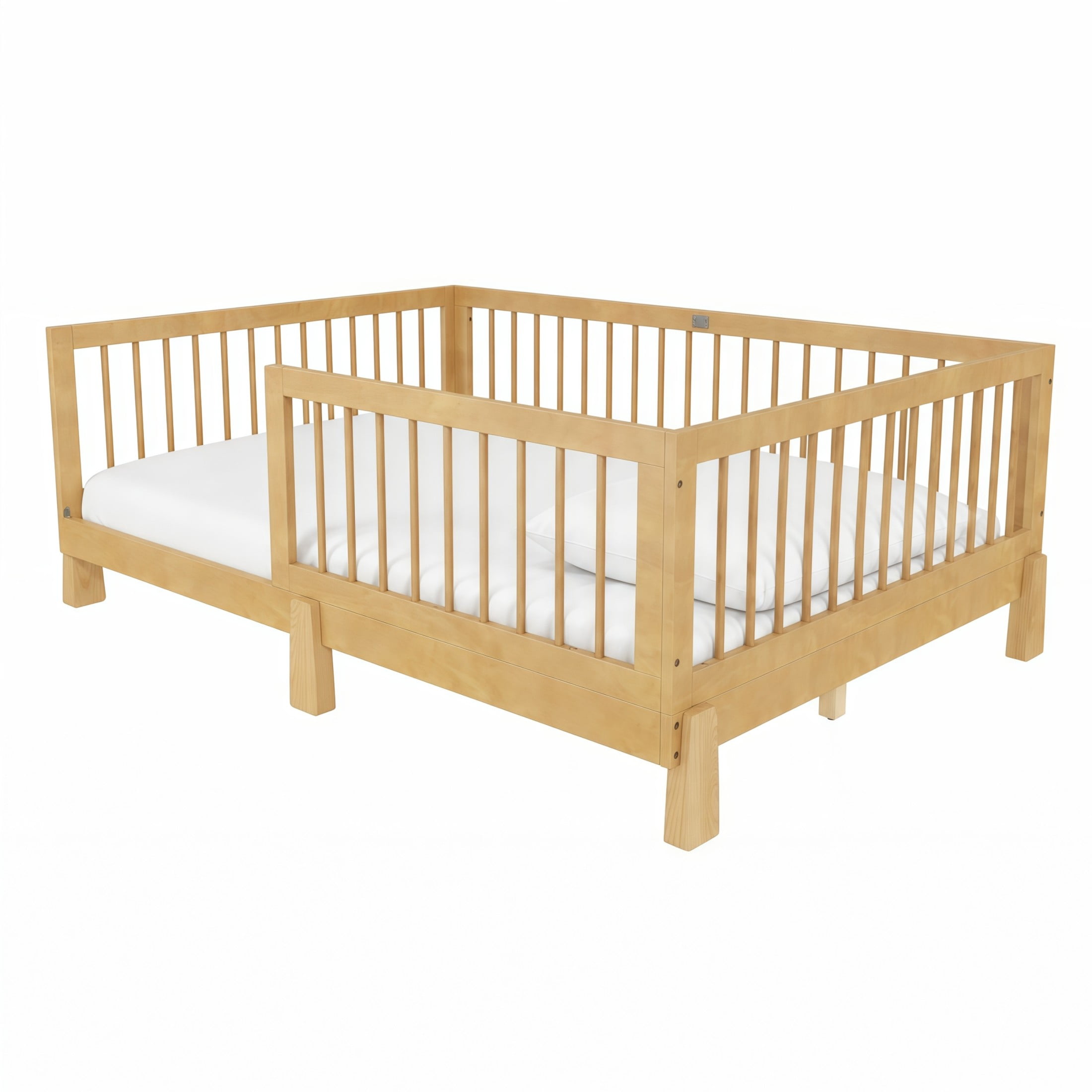 GDF Studio Rolley Full-Size 3-in-1 Convertible Montessori Floor Bed with Guardrails, Pine Wood Kids Bed Frame, Natural
