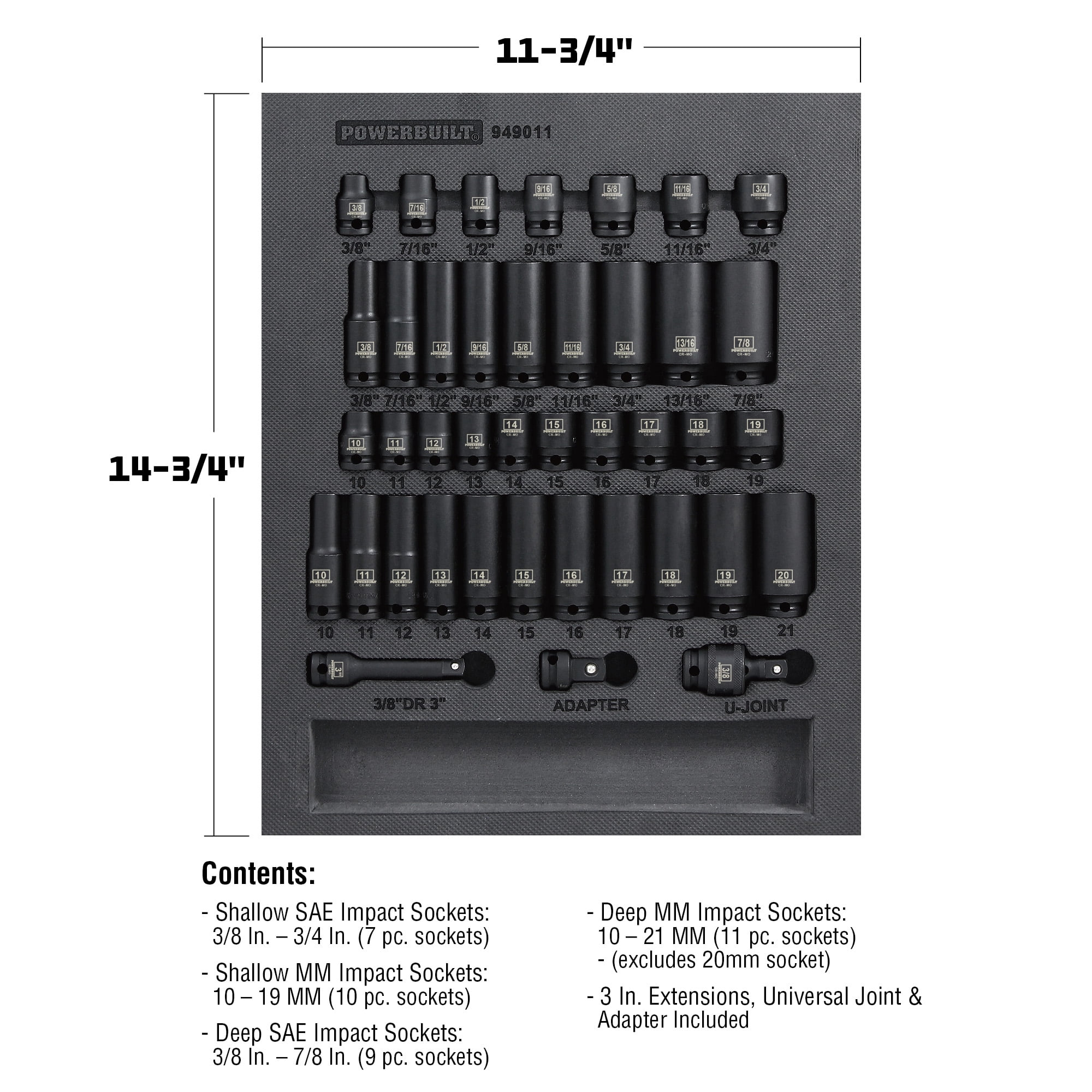Powerbuilt 40 Piece 3/8 Inch Drive 6 Point SAE & Metric Pro Tech Impact Socket Set - 949011