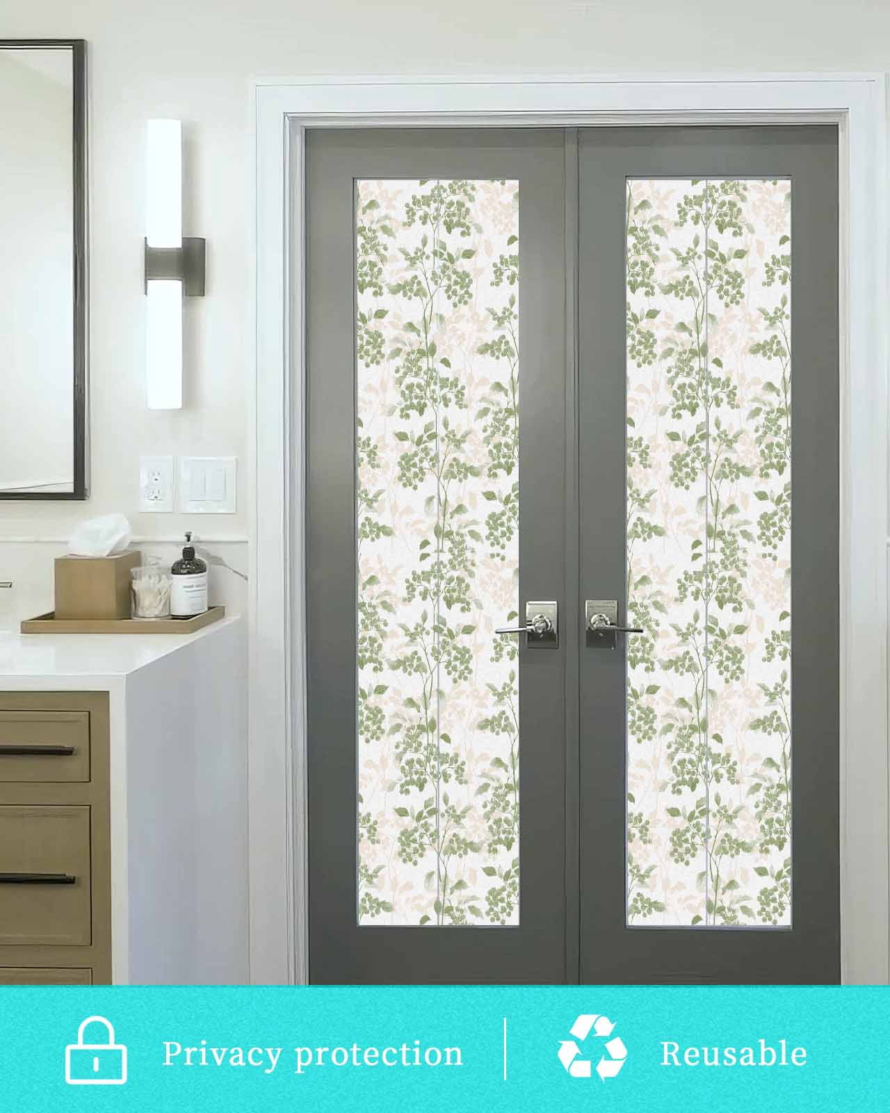 Window Privacy Film Sage Green Botanical Stained Glass Window Film Decorative Sun Block Window Cover Vintage Nature Flower Window Clings Static Adhesive Sticker for Bathroom 23.6"x78.7"