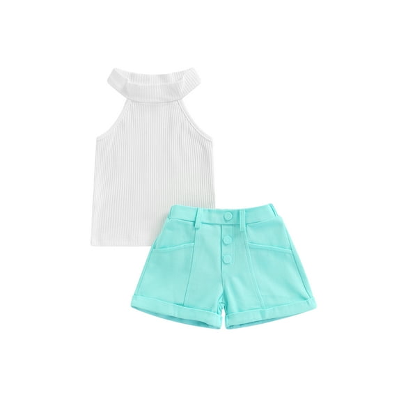 Franhais Girl's Two-Piece Suit, Girl Sleeveless High Neck Ribbed Tops + Button Decoration Shorts