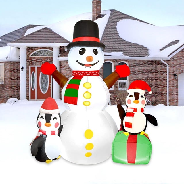 Muñeco de nieve inflable navideño con dos lindos pingüinos, decoración navideña, adorno de 5,9 pies de altura con luces para vacaciones en el jardín Macarena muñeco de nieve inflable