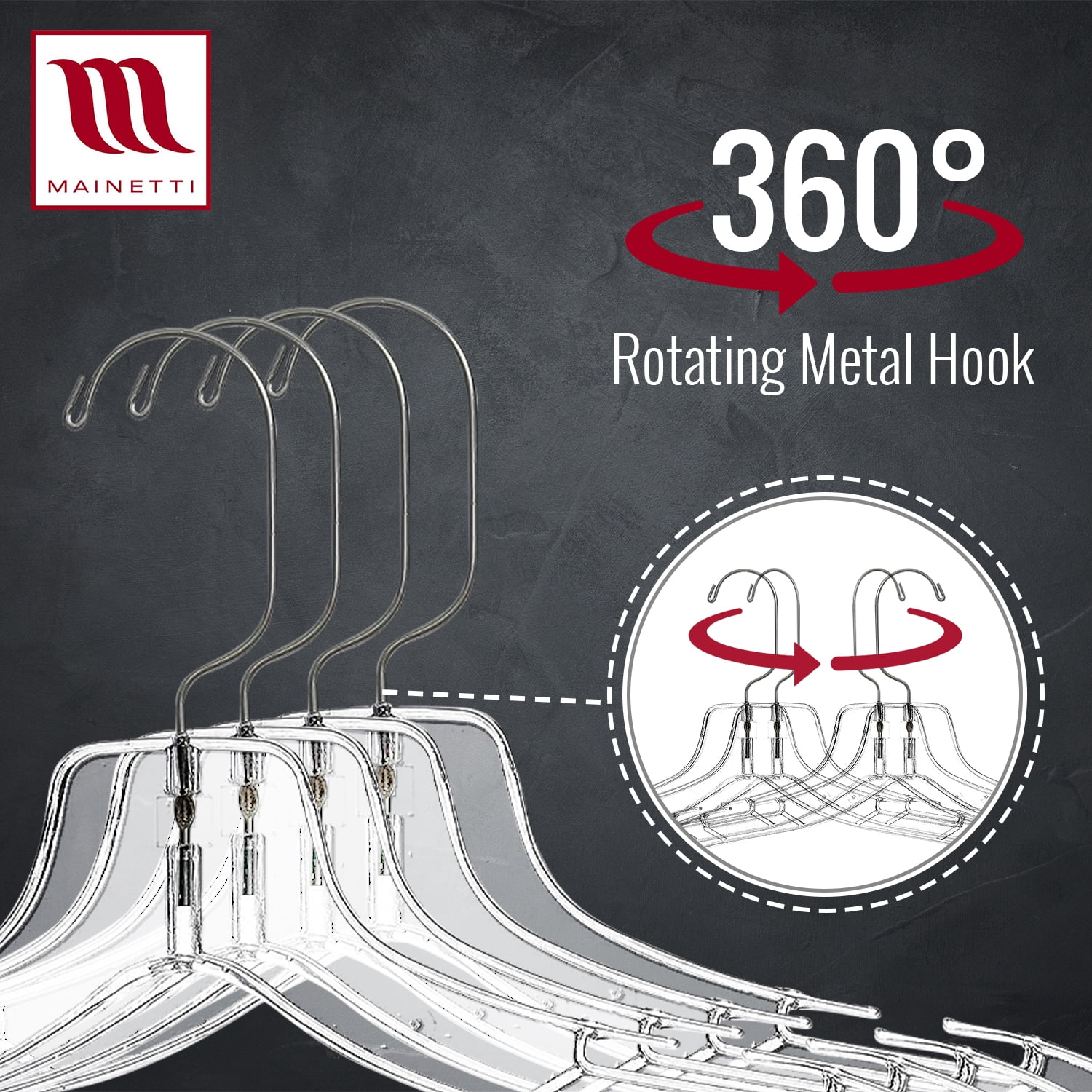 Mainetti Clear Plastic Clothes Hangers 100 Pack | 17-Inch Space Saving Hangers with 360 Swivel Metal Hook & Notches for Straps | Closet Hangers Ideal for Shirts, Tops, Dresses and Jackets (5400SCR)