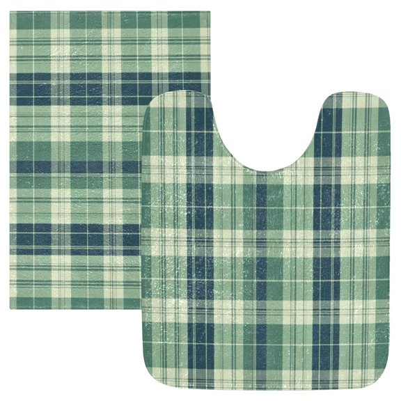 2 Piece Soft Bathroom Rug Set Green Tartan Pattern Bath Mat and U-Shaped Toilet Contour Rug (16"x24" 20"x24")