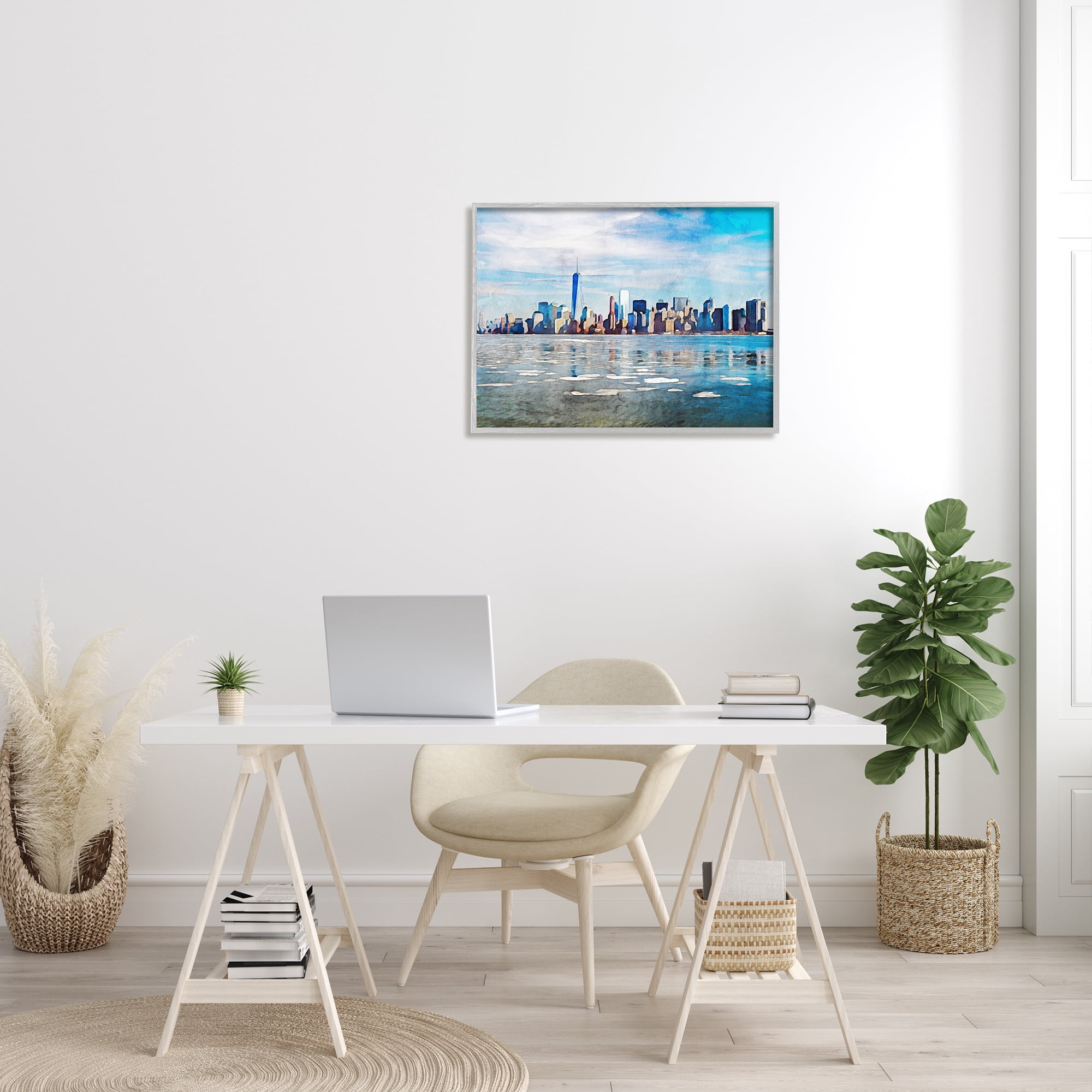 Stupell Distant New York City Skyline Buildings Travel & Places Painting Gray Framed Art Print Wall Art