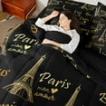 thumbnail image 4 of Homewish Cartoon Eiffel Tower Bedding Comforter Set 7pcs, Black Gold Cartoon Queen Bedding Sets, Romantic French Paris Reversible Queen Sheet Sets, Lightweight Room Decor, 4 of 7