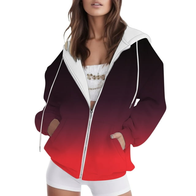 Sweats À Capuche Femme Gradient Print Zip Up Drawstring Hoodie with Front Pocket Fall Simple Casual Hooded Sweatshirt Oversize Womens Sweatshirts Red S