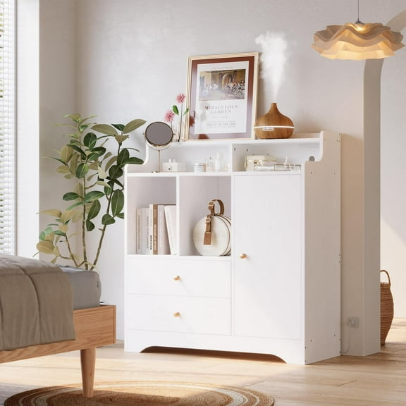 Kitchen Coffee Bar Cabinets with Storage, Liquor Cabinet with LED Lights & Power Outlets, Adjustable Shelf, Drawers, Modern Coffee Stand Station, White