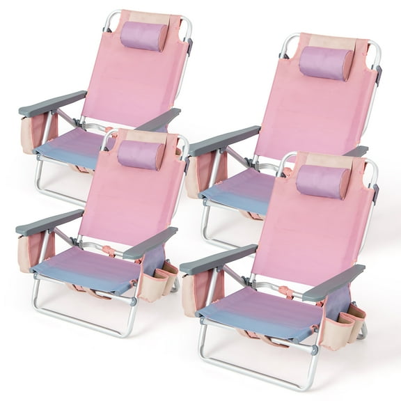 Gymax 4PCS Folding Backpack Beach Chair 5-Position Outdoor Reclining Chairs w/ Pillow