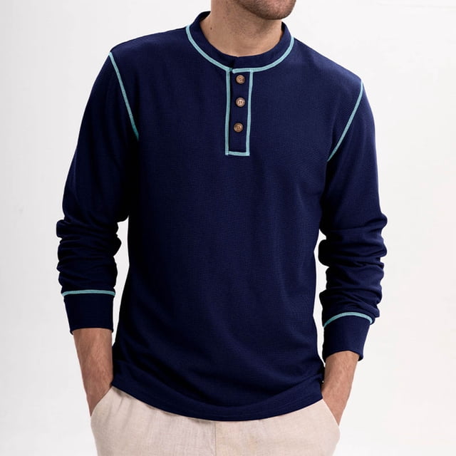 pstuiky Camisas de manga larga abrigadas para hombre, Sudadera informal de color liso con botones y manga larga y cuello redondo para hombre camisetas de hombre l