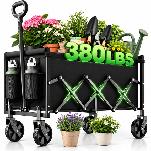 InBrave Heavy Duty Folding Wagon Cart, Long Collapsible Utility Wagon, 360 lb, 130L Capacity, All-Terrain Wheels for Beach, Camping & Garden