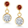 thumbnail image 2 of Gem Stone King 14k Yellow Gold White Moissanite and Red Garnet Two Stone Dangle Earrings for Women (1.90 Cttw, Gemstone, Round 6MM, Round 3MM), 2 of 4