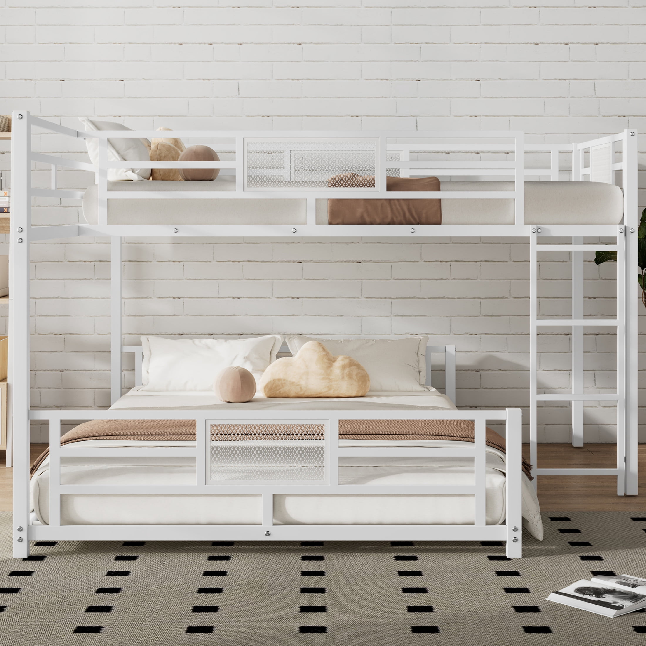 Noble House Twin over Full L-Shaped Bunk Bed, Space-Saving Metal Frame with Guardrails, Space Saving, White