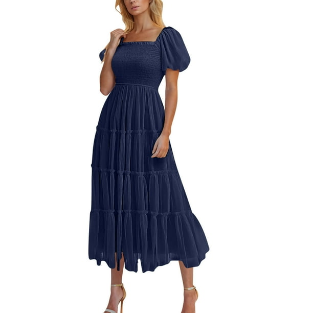 Vestido de Manga Larga Maxi para las Mujeres Caída Sólido Plisado, Sexy Manga Corta Elástica Cintura Boho Bolsillos