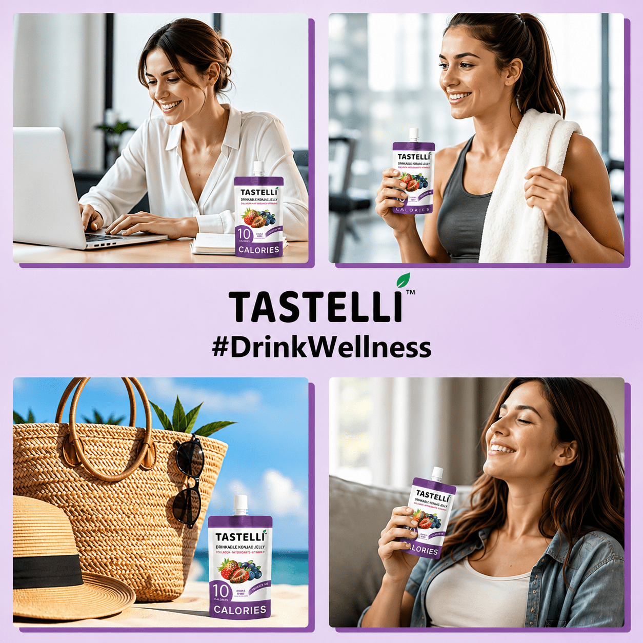 Tastelli Double Berry Konjac Jelly Infused with Collagen | Gluten Free, Sugar Free, Low Calorie | Vegan Drinkable Fruit Jelly Snack  | 10 Pouches