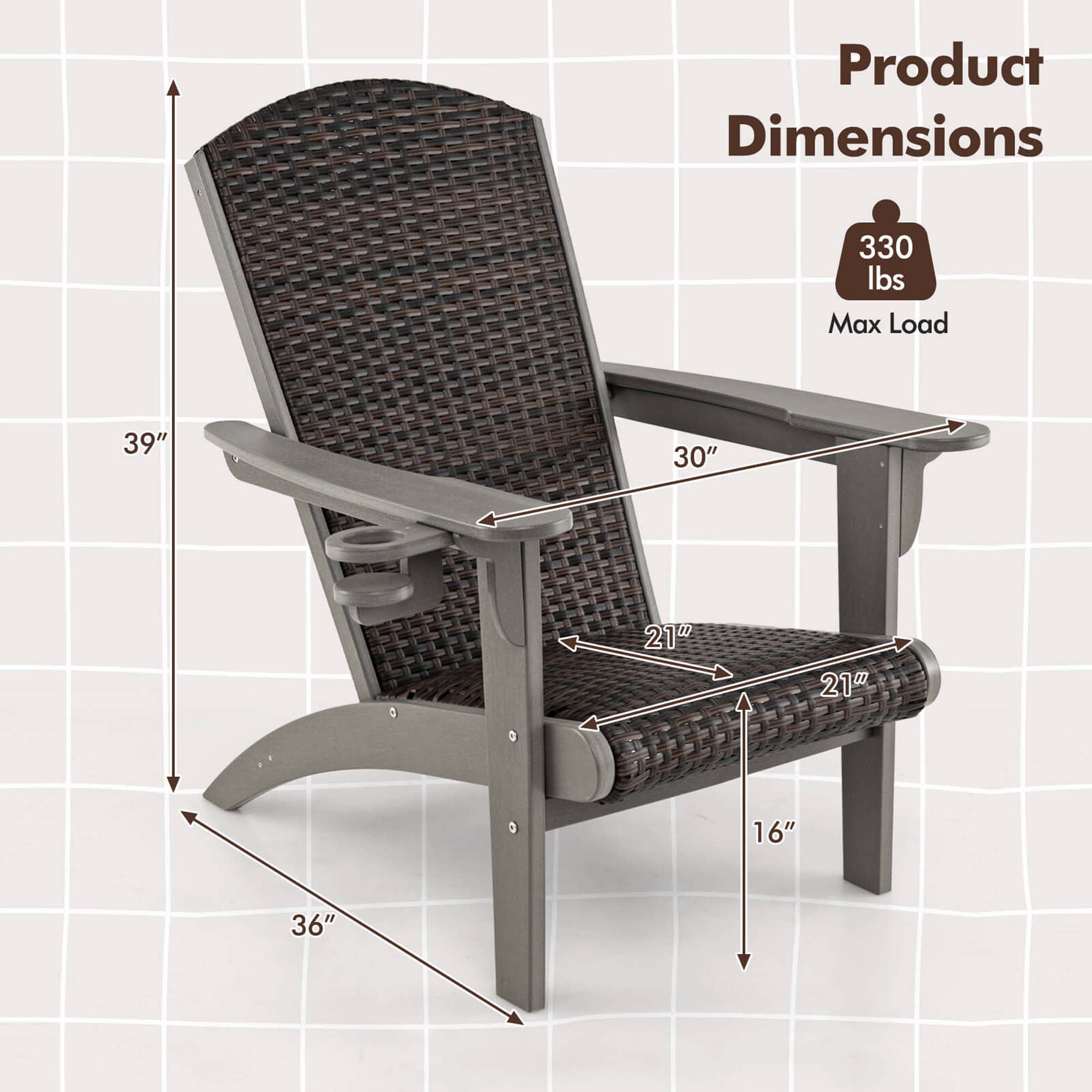 Costway Patio Adirondack Chair with Rattan Padded Seat Wide Armrests & Hidden Cupholder Gray