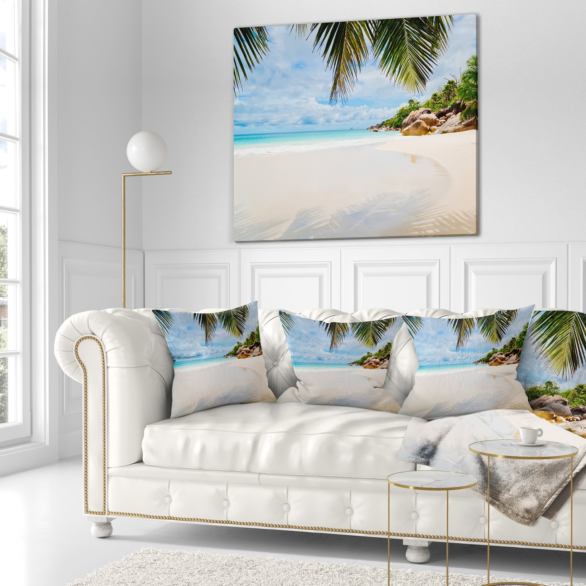 Designart Summer Beach with Palm Leaves - Modern Seascape Throw Pillow - 18x18