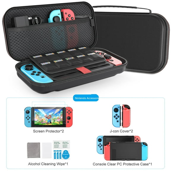 Nintendo Switch Case, Nintendo Switch Accessories Kit Include Switch Tempered Glass Screen Protector TPU & PC Slim Protective Case Cover -Black