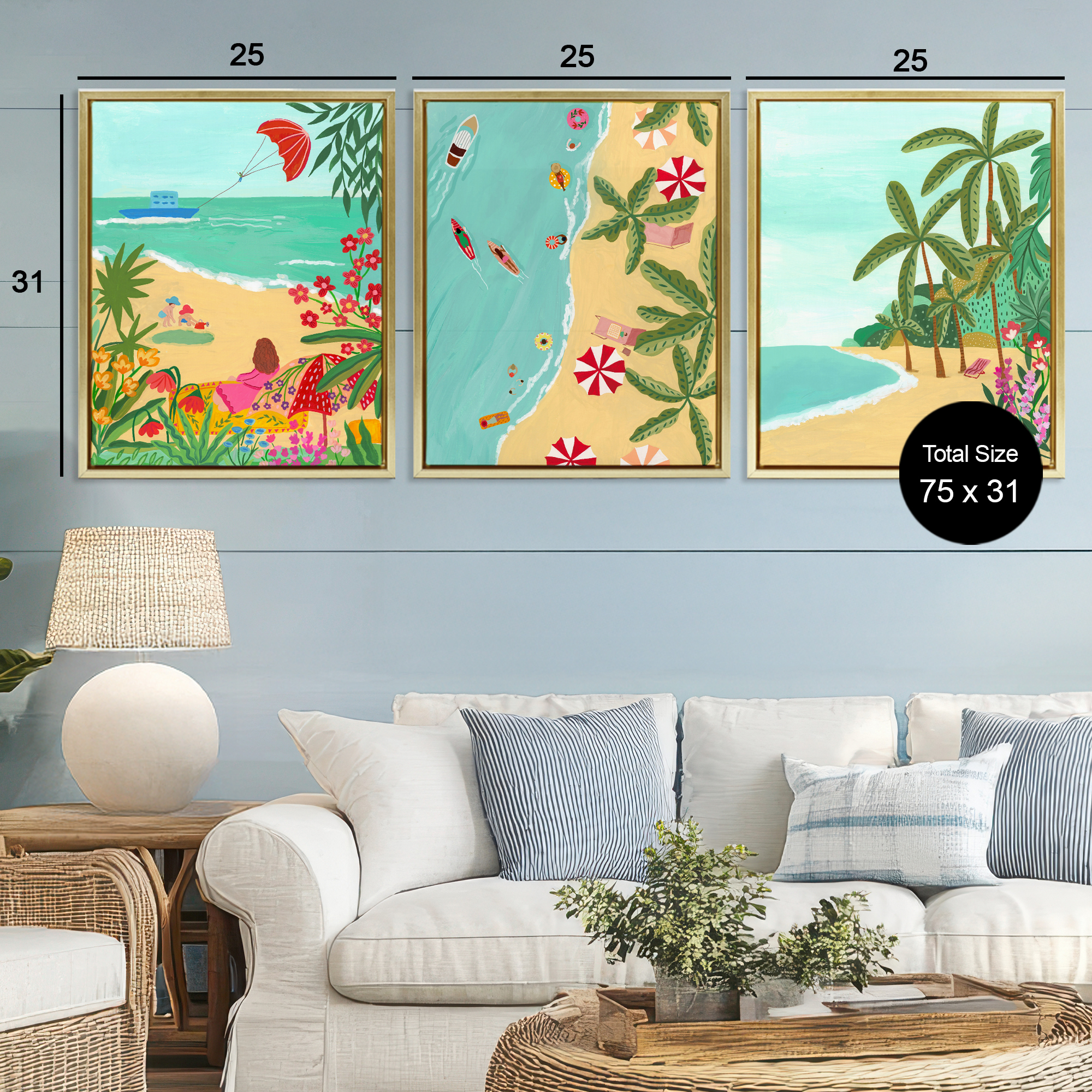 Busy Beach And Flowers 3 Piece Gold Framed Floater Canvas Set, design by Nabeela Rumi