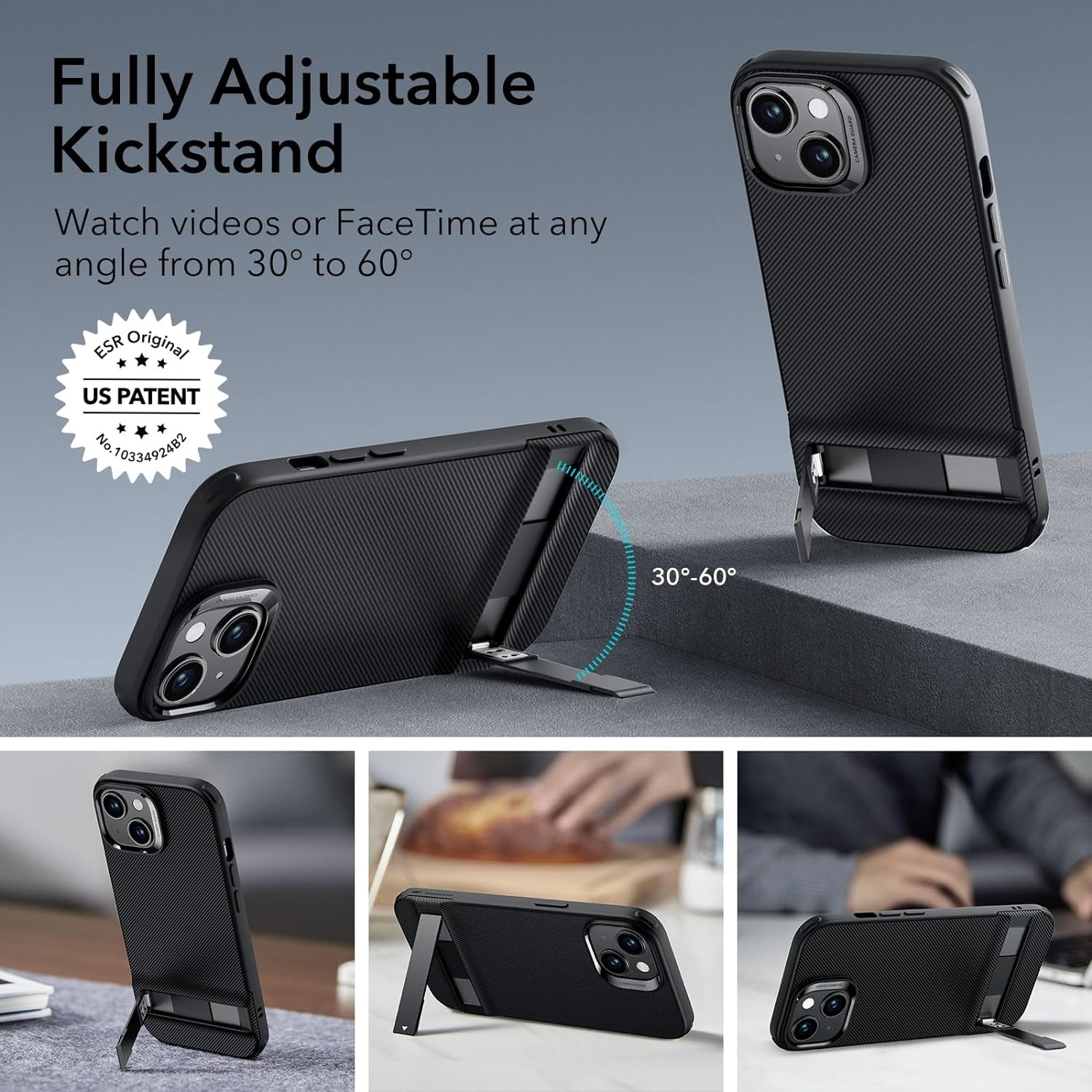 CRKMGS-ESR for iPhone 14 Pro Case, 3 Stand Modes, Military-Grade Drop Protection, Supports Wireless Charging, Slim Back Cover with Stand, Phone Case for iPhone 14 Pro, Metal Kickstand Case, Black