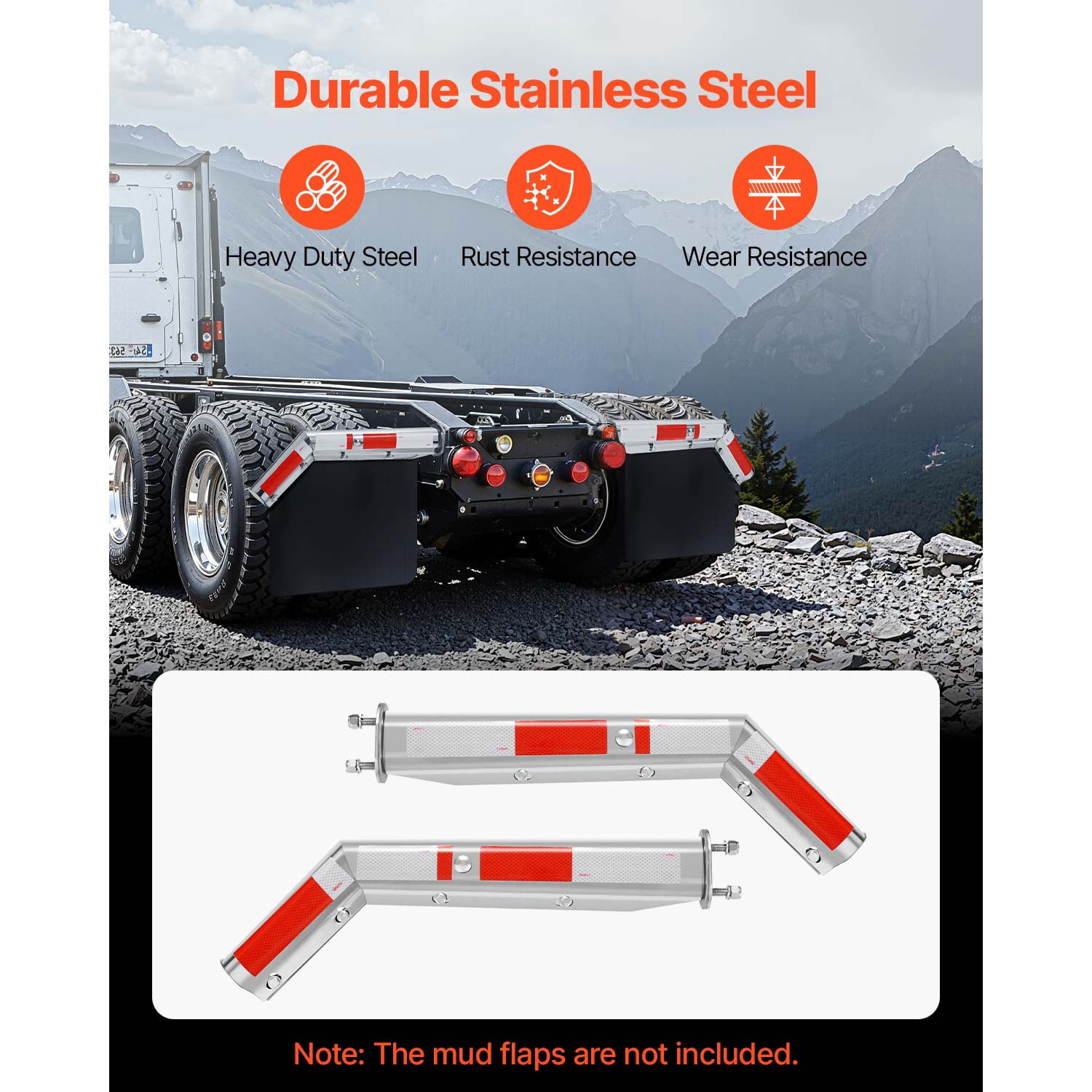KFFKFF Stainless Steel Angled Spring-Loaded Mud Flap Hangers, 2-1/2" Bolt Spacing Mudflap Holders for Semi Trucks, 1 Pair Durable Semi Truck Mud Flap Holder Set with Reflective Strips, Silver
