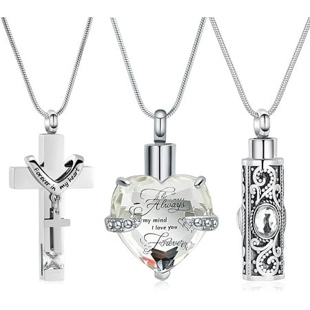 3 Pack Heart / Cross / Cylinder Urn Necklace for Ashes With Birthstone Cremation Jewelry for Women Men Keepsake Urn Memorial Necklace Ash Pendant