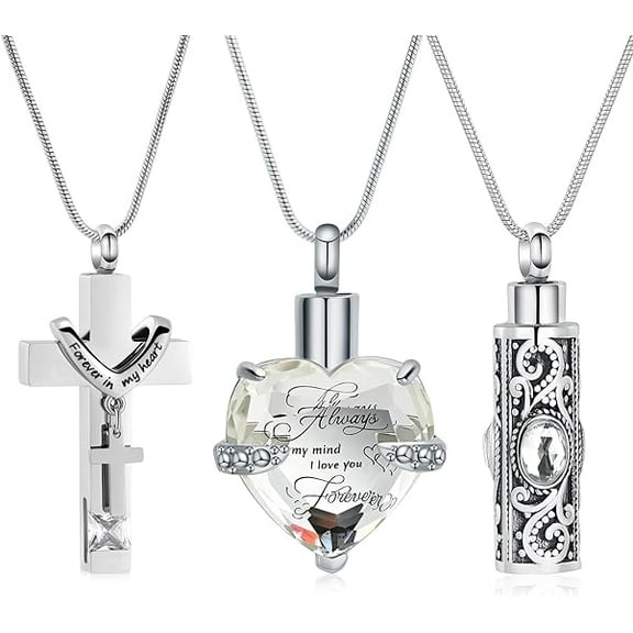 3 Pack Heart / Cross / Cylinder Urn Necklace for Ashes With Birthstone Cremation Jewelry for Women Men Keepsake Urn Memorial Necklace Ash Pendant