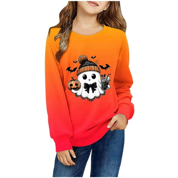 Odeerbi Kids Boys Girls Halloween Pumpkin Ghost Crewneck Sweatshirts Fall Winter Pullover Sweatshirt 1-12 Years Kids Long Sleeve Halloween Printed T-shirt Top Kids Clothes Orange